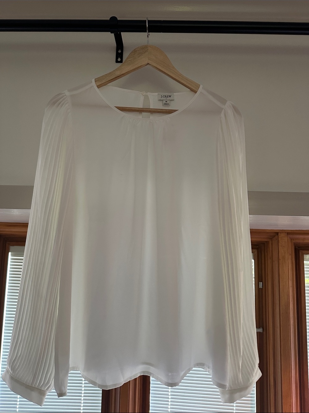 J. Crew White Pleated-Sleeve Round-Neck Blouse